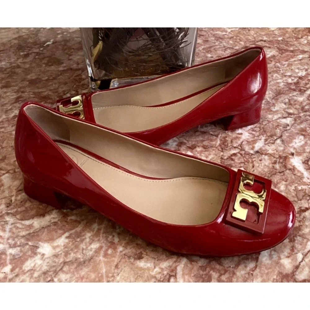 Tory Burch Gigi Women's Red Patient Leather Block Heel Pumps Size 7.5M EUC! $285